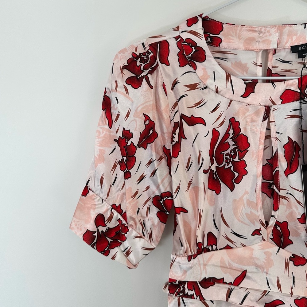 BCBG MAXAZRIA Red Floral Kimono Inspired Silk T-Shirt